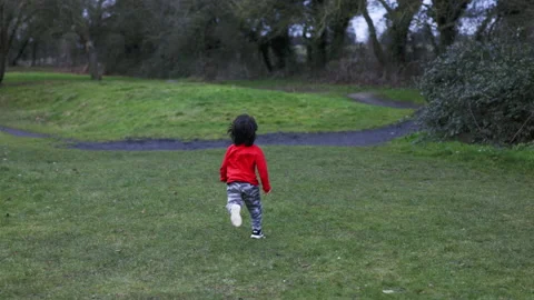 A small boy runs away from the camera towards a wood. Stock Footage 171087749