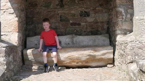 Small boy sitting on a log Drum Manor Forest Park Co Tyrone Northern Ireland Stock-Fotos