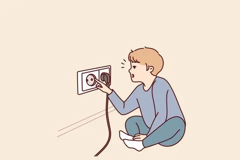 Small boy sticks fingers into socket, playing with electrical equipment and Stock Illustration