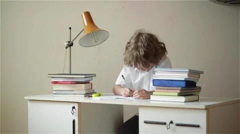 Small boy studying or doing home work, schoolboy studying with notebook and Stock Footage 64141546