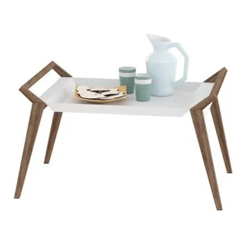 A small breakfast table with cups and food on an isolated background. 3d Illustrazione stock