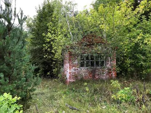 A small brick house in the forest. Stock Photos