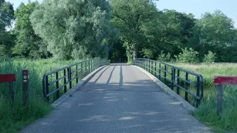 Small bridge in forest with shadow patterns on pavement Stock Footage 348212234