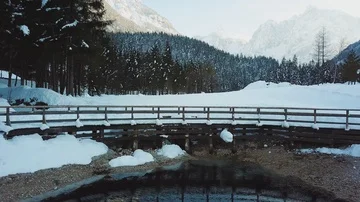 Small bridge on a lake in winter 스톡 동영상 85747311