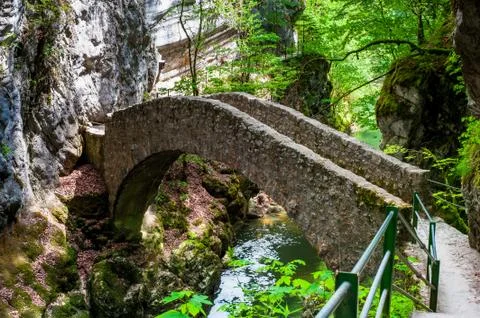 Small bridge over river at gorges de l'areuse Foto stock