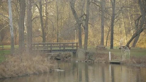 Small bridge over river winter Stock Footage 58928904