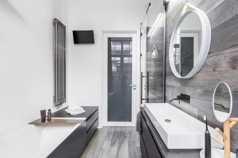 Small, bright bathroom Stock Photos