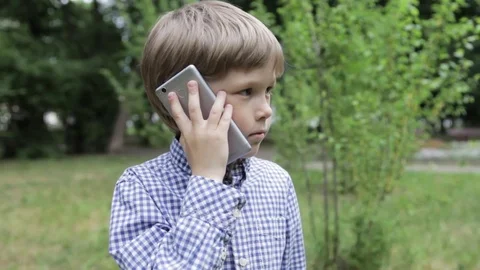 A small bright boy is talking on the phone in the park. Stock Footage 76608356