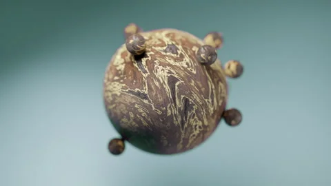 Small brown and creme colored balls orbiting a larger globe against a blue .. Stock Footage 253636512
