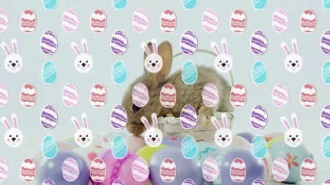 Small brown rabbit lifting head after ear twitch, turning, sniffing pastel eggs Stock Footage 328384312