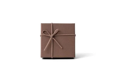 Small brown square gift box tied with string bow isolated on white background Stock Photos