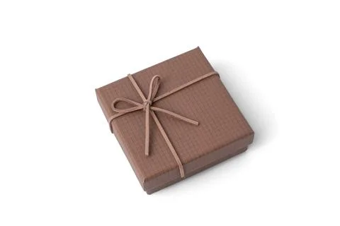 Small brown square gift box tied with string bow isolated on white background Stock Photos