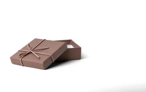 Small brown square gift box tied with string bow isolated on white background Stock Photos