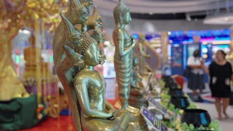 Small Buddha Dragon Statue, Indoor Buddhist Event, Woman Walks In Background Stock Footage 249970957