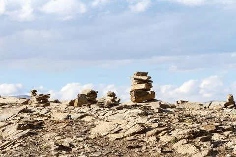 Small Buddhist stupas, collected as stack of zen stones 스톡 사진