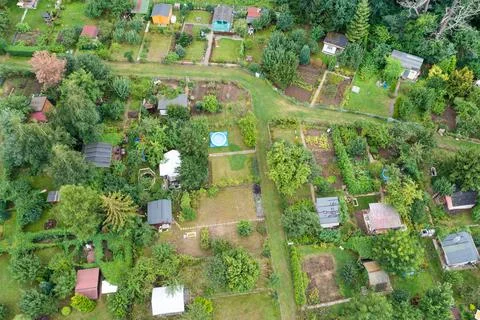 Small buildings on a personal plot, vegetable garden, top view, summer landsc Stock Photos