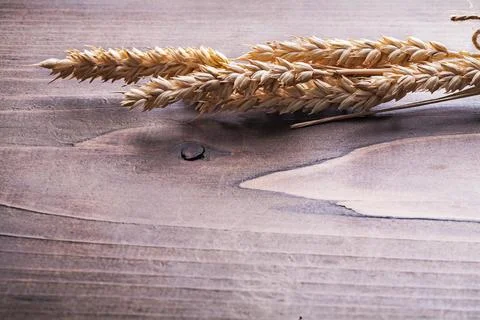 Small bundle of wheat ears on vintage wooden board with space for your text Stock Photos