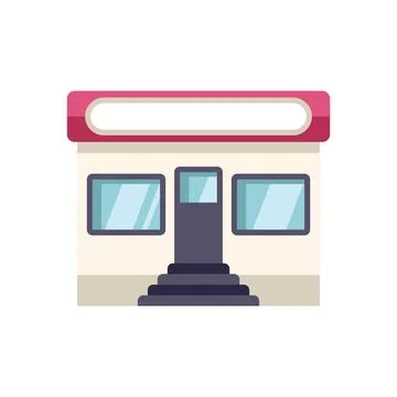 Small business building with large windows displaying products for sale Ilustración de archivo