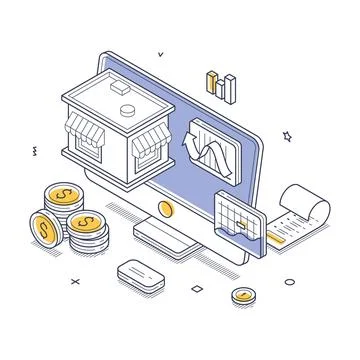 Small business concept. Digital banking environment featuring a computer scre Illustrazione stock