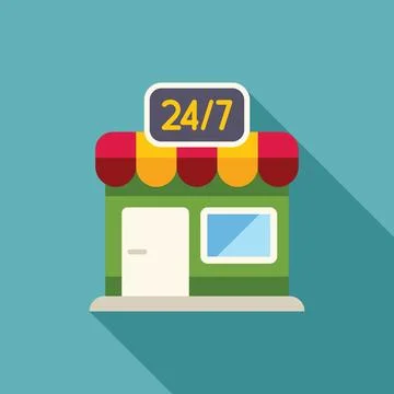 Small business facade with 247 open sign offering constant service and Ilustración de archivo