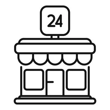 Small business facade showing open hours sign with number twenty four seven Ilustración de archivo