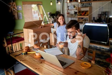 Small business man owner in coffee shop.. Stock Photos