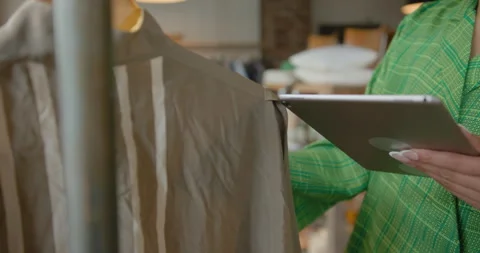 Small Business Owner using Digital tablet Technology in Store for Inventory Stock Footage 269332356