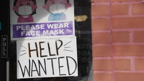 Small business retail store help wanted sign and covid mask sign Stock Footage 165792357