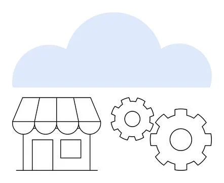 Small business store with cloud computing and gears representing modern tec.. Stock Illustration