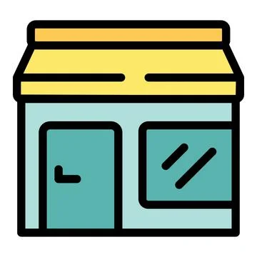 Small business store front with yellow awning and window display promoting .. Stock Illustration