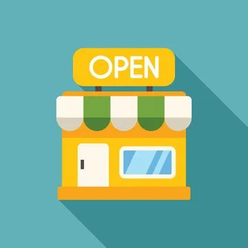 Small business storefront with open sign is displaying welcome Ilustración de archivo