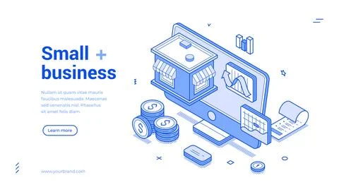 Small business strategy development workflow outline isometric web banner d.. 스톡 일러스트