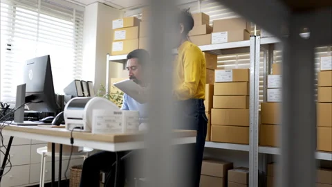 Small business team checking inventory together in warehouse Stock Footage 326271156