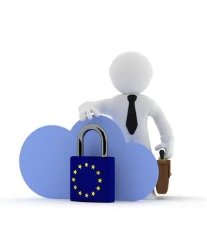 Small businessman character with cloud icon and EU Padlock, GDPR concept, 3d Illustrazione stock