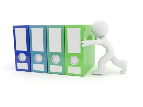 Small businessman with four big folder on a white background, 3d rendering Stock Illustration