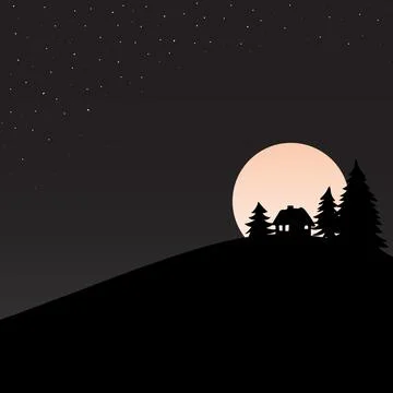 Small cabin and winter pine forest in the shining moon and stars at the night Stock Illustration