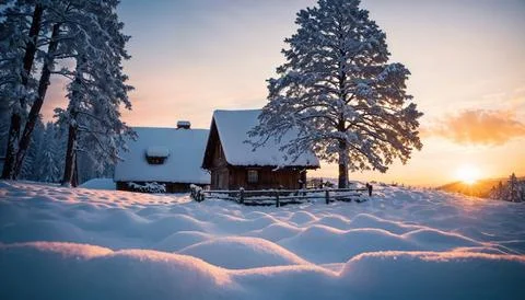 A small cabin is surrounded by snow and trees 스톡 일러스트