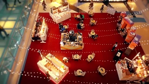 Small cafe with red floor and food stalls at the shopping mall, view from above Stock Footage 73077002