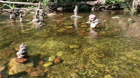 Small Cairns on the River Afon Hepste in South Wales Stock Footage 159713591