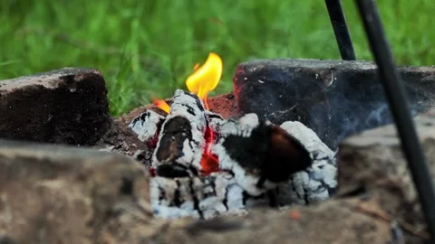 Small campfire burning brightly with orange flames and white smoke rising from Stock Footage 342230768