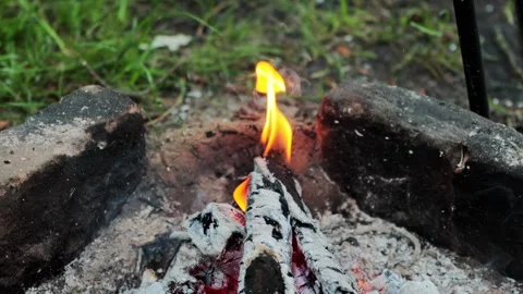 Small campfire burns brightly with flickering orange flames and glowing red Stockbeeldmateriaal 340387279
