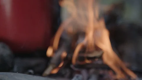 Small campfire close up Stockbeeldmateriaal 90039342