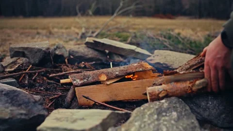 Small Campfire Kindling Setup with Stone Ring Vídeo Stock 344954340