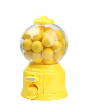 Small candy machine with lemon chewing gums isolated on white Stock Photos