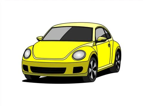 A Small Car, Front view, Three-quarter view. Yellow Car With A Rounded Body.  Stock Illustration