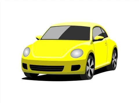 A Small Car, Front view, Three-quarter view. Yellow Car With A Rounded Body.  Stock Illustration