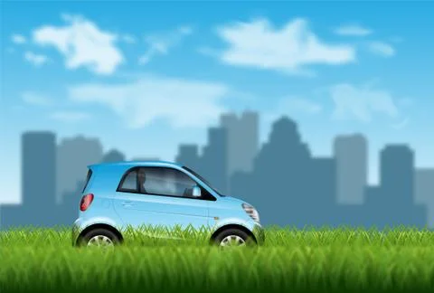 Small car on the grass side view realistic vector illustration Stock Illustration