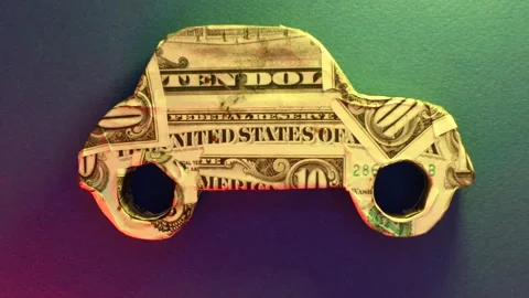 Small car model with dollar banknote on blue background Video stock 250438200