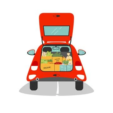 Small car trunk is open and full of groceries. Red automobile has baked food, Stock Illustration