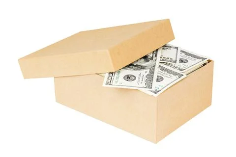 A small cardboard box full of dollar banknotes isolated on white background Stock Photos